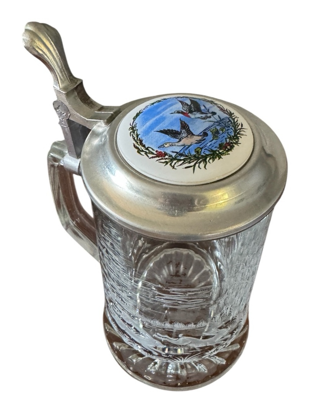 German Crystal Beer Stein Pewter Lid Zinn 95 Ducks Rabbits